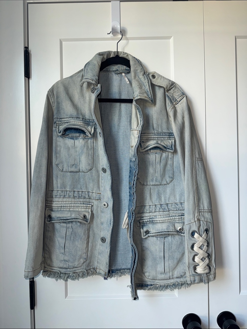 Free People Light Wash Blue Denim Jacket with Lace-Up Sleeve